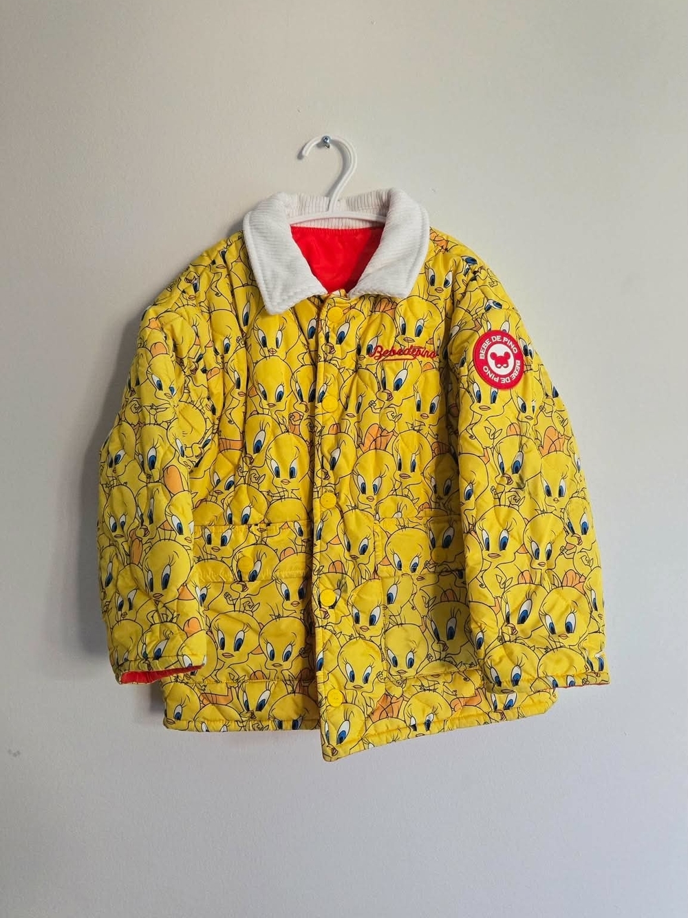 Bebe De Pino Size 5 Tweety Quilted Kids Jacket with Corduroy Collar - Yellow